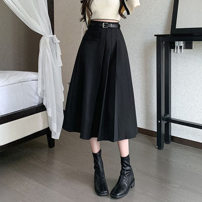 Elevated Waist Asymmetric Pleated Midi Flared Skirt