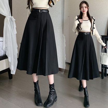 Elevated Waist Asymmetric Pleated Midi Flared Skirt