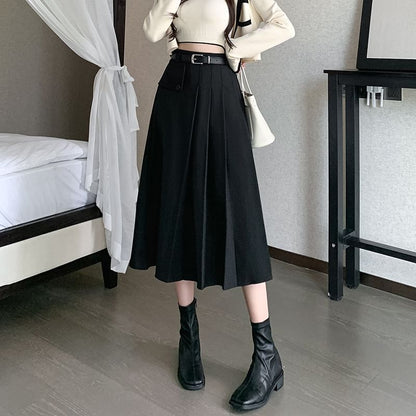Elevated Waist Asymmetric Pleated Midi Flared Skirt