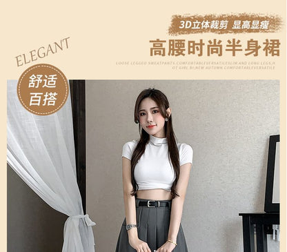 Elevated Waist Asymmetric Pleated Midi Flared Skirt