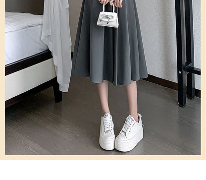 Elevated Waist Asymmetric Pleated Midi Flared Skirt