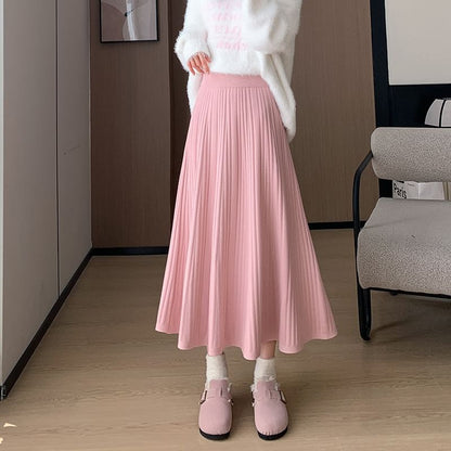 High Rise Plain Ribbed Knit Midi A-Line Skirt