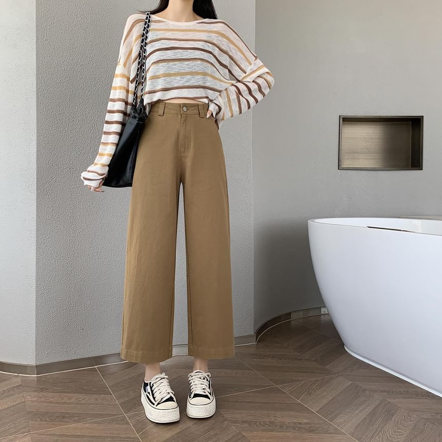 High Rise Plain Cropped Straight Leg Pants