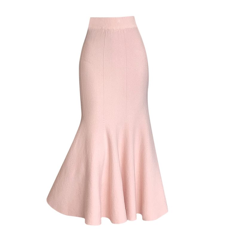 High Rise Plain Knit Midi Fishtail Skirt