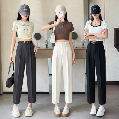 High Waist Plain Cropped Straight Leg Suit Pants