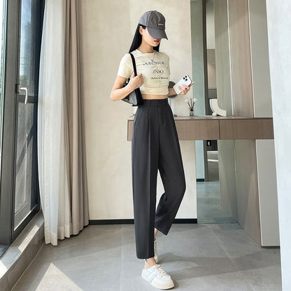 High Waist Plain Cropped Straight Leg Suit Pants