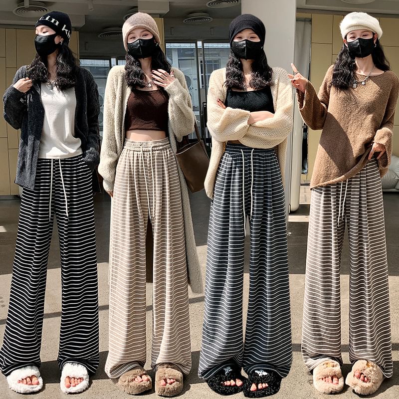 Drawstring Waist Striped Wide Leg Pants