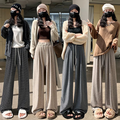 Drawstring Waist Striped Wide Leg Pants