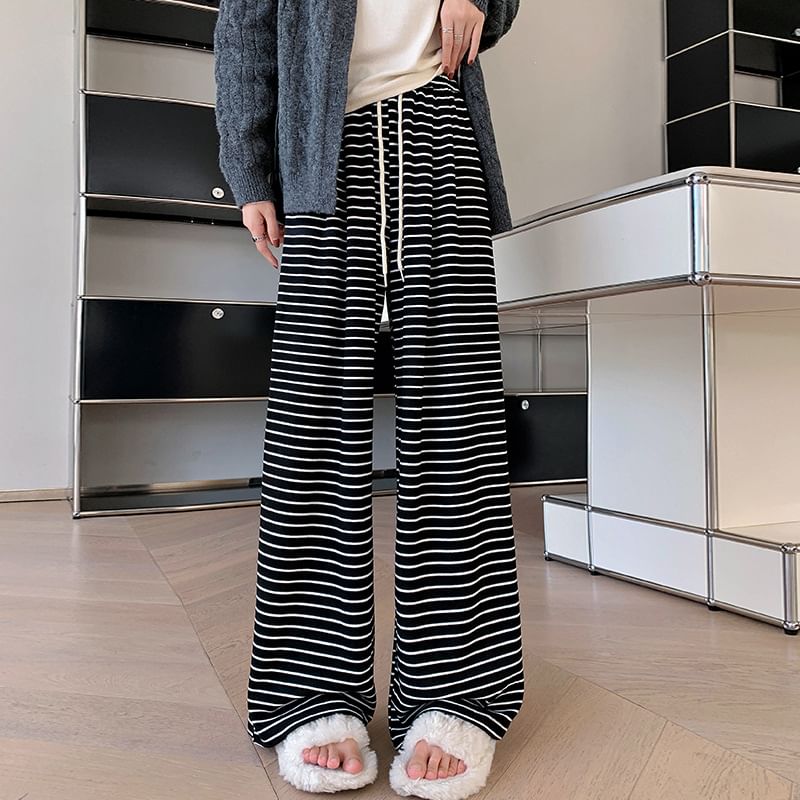 Drawstring Waist Striped Wide Leg Pants