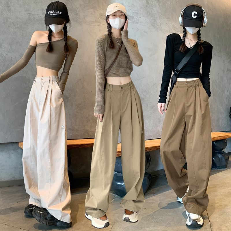 Mid Rise Plain Wide Leg Pants
