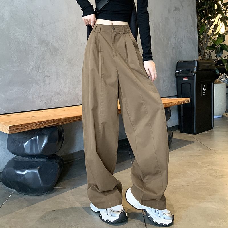 Mid Rise Plain Wide Leg Pants