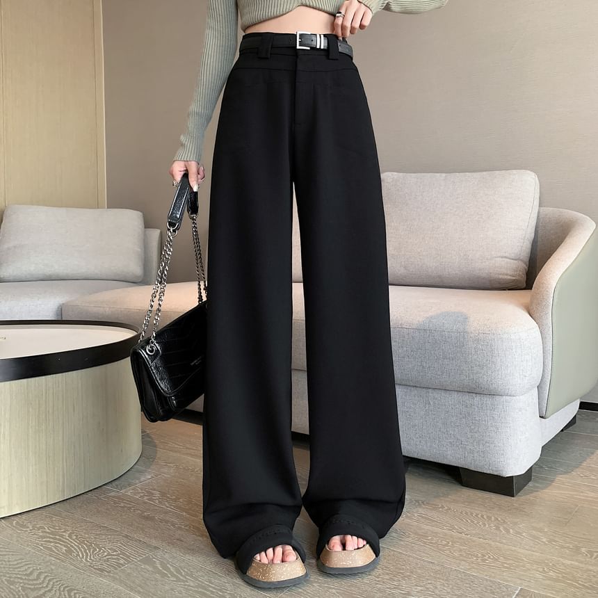 Mid Rise Plain Wide Leg Slacks