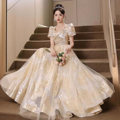 Short-Sleeve Patterned A-Line Evening Gown