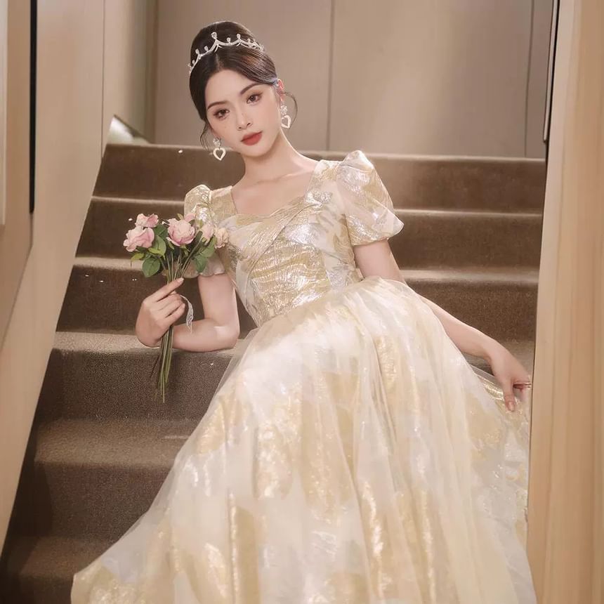 Short-Sleeve Patterned A-Line Evening Gown