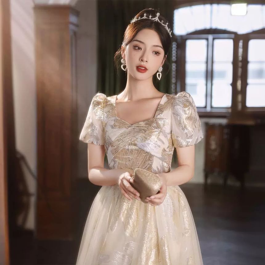 Short-Sleeve Patterned A-Line Evening Gown