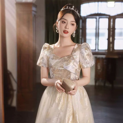 Short-Sleeve Patterned A-Line Evening Gown