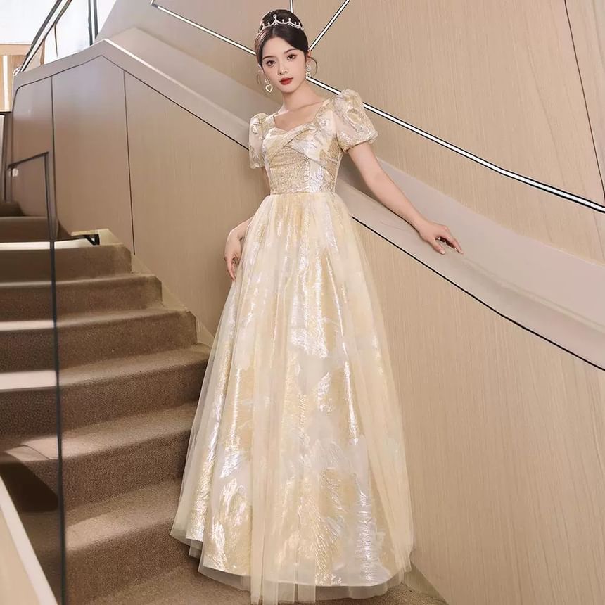 Short-Sleeve Patterned A-Line Evening Gown