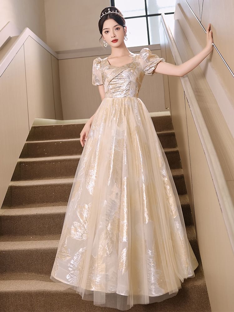 Short-Sleeve Patterned A-Line Evening Gown
