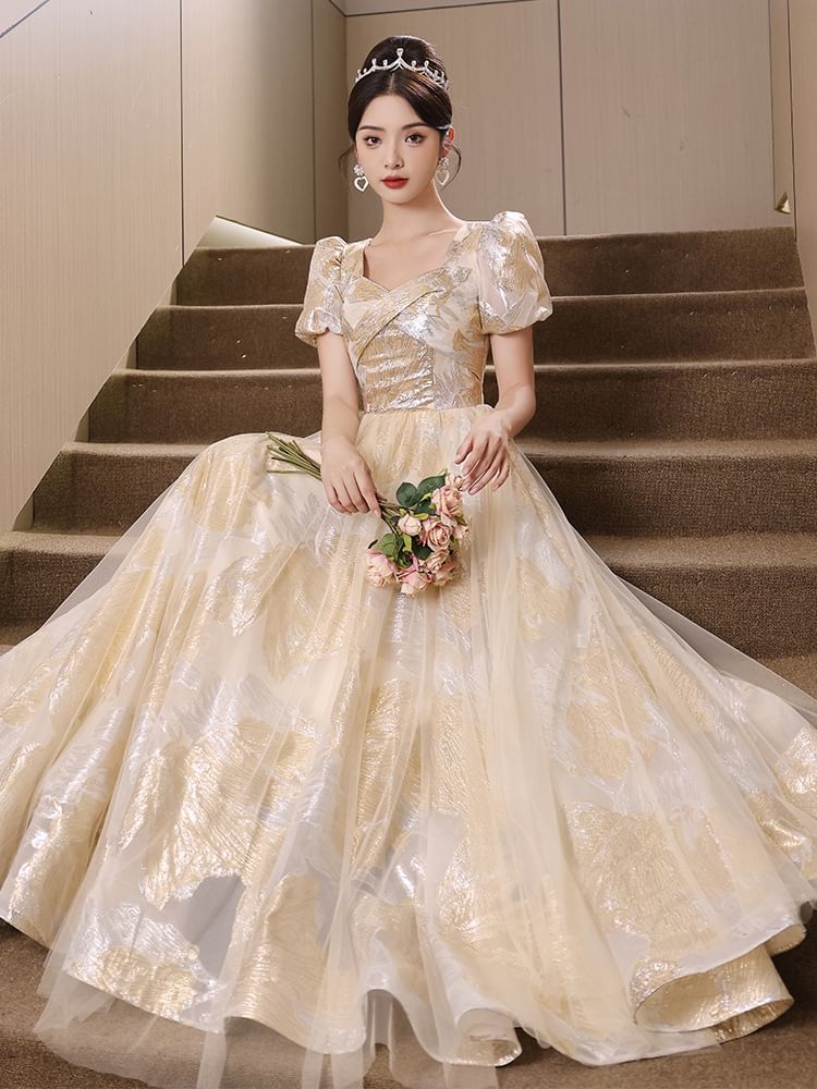 Short-Sleeve Patterned A-Line Evening Gown