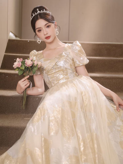 Short-Sleeve Patterned A-Line Evening Gown