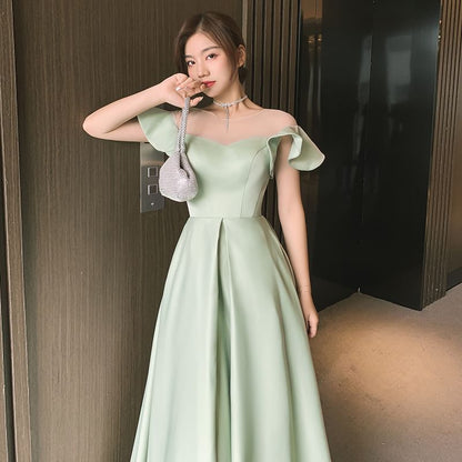 Spaghetti Strap Plain A-Line Evening Gown / Strapless Evening Gown / Short-Sleeve Mesh Panel A-Line Evening Gown