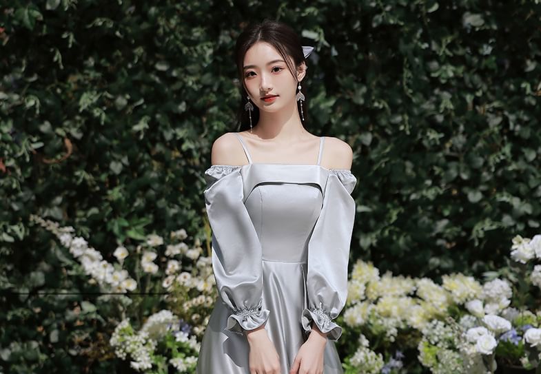 Puff-Sleeve Plain Maxi A-Line Bridesmaid Dress