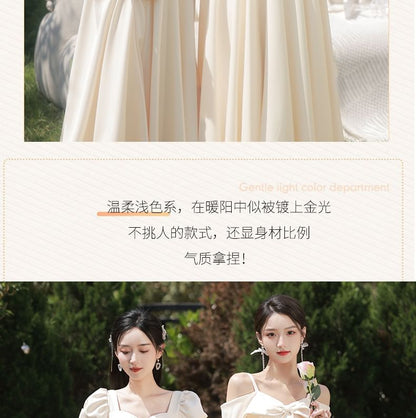 Puff-Sleeve Plain Maxi A-Line Bridesmaid Dress / Cold-Shoulder Maxi Bridesmaid Dress