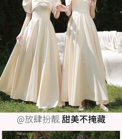 Puff-Sleeve Plain Maxi A-Line Bridesmaid Dress / Cold-Shoulder Maxi Bridesmaid Dress