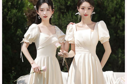 Puff-Sleeve Plain Maxi A-Line Bridesmaid Dress / Cold-Shoulder Maxi Bridesmaid Dress