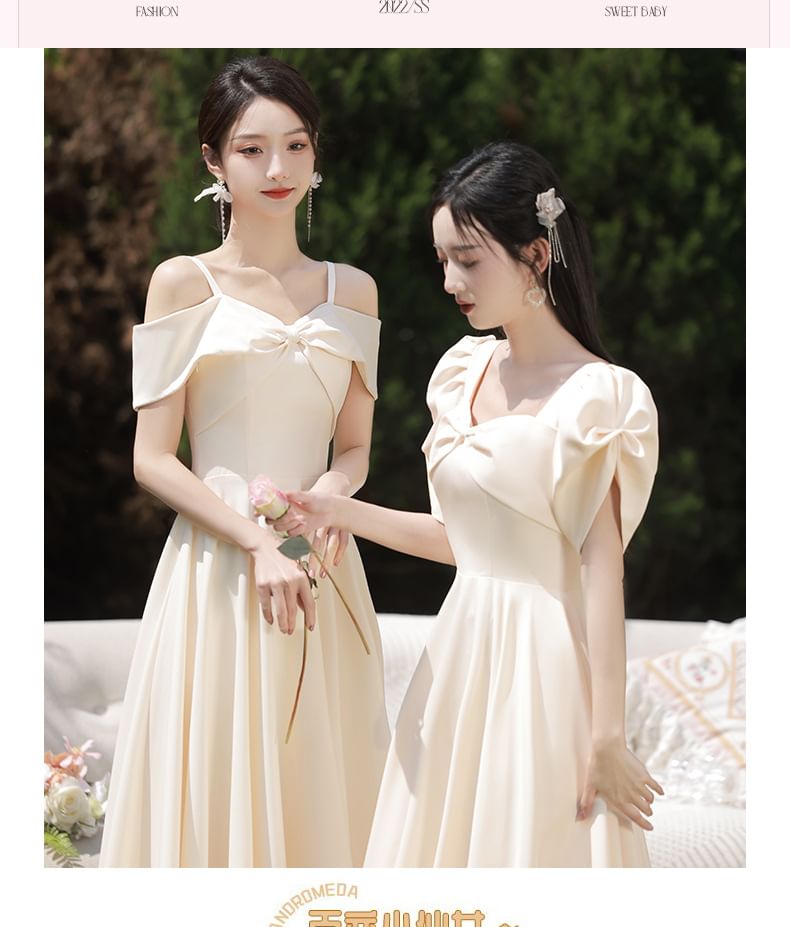 Puff-Sleeve Plain Maxi A-Line Bridesmaid Dress / Cold-Shoulder Maxi Bridesmaid Dress