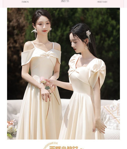 Puff-Sleeve Plain Maxi A-Line Bridesmaid Dress / Cold-Shoulder Maxi Bridesmaid Dress
