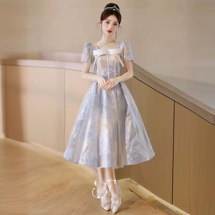 Puff-Sleeve Patterned Bow Midi A-Line Cocktail Dress
