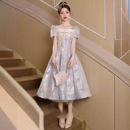Puff-Sleeve Patterned Bow Midi A-Line Cocktail Dress