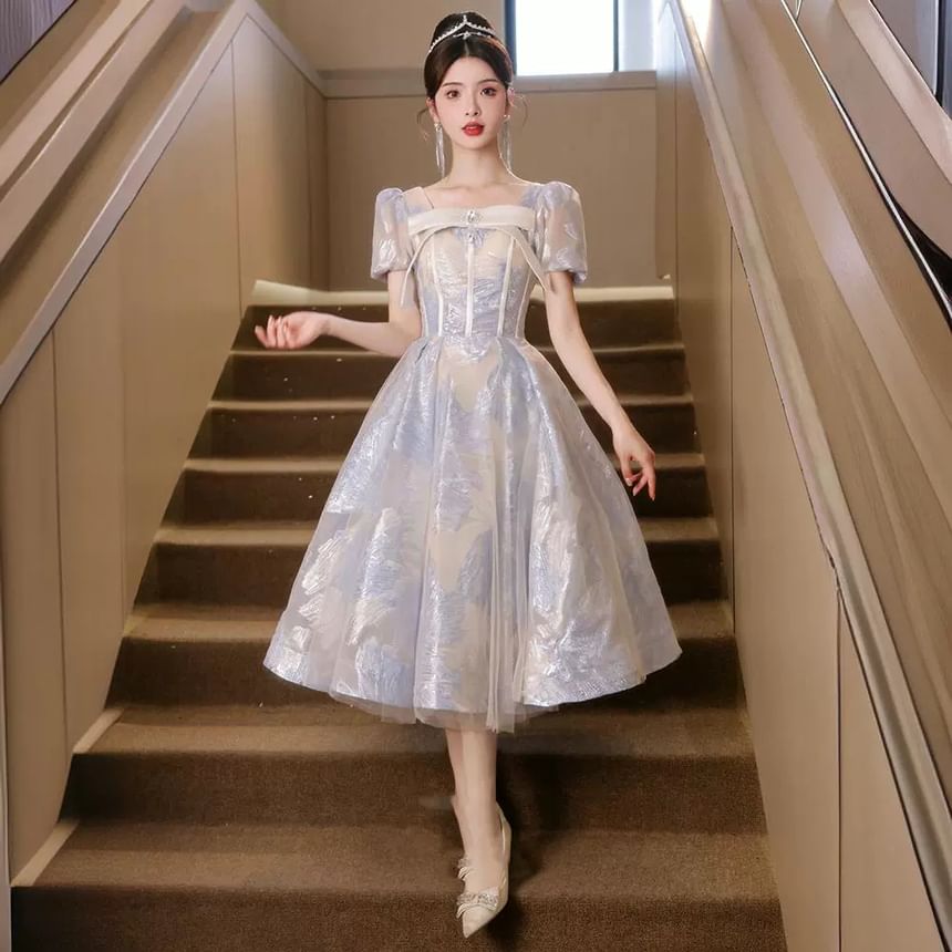 Puff-Sleeve Patterned Bow Midi A-Line Cocktail Dress
