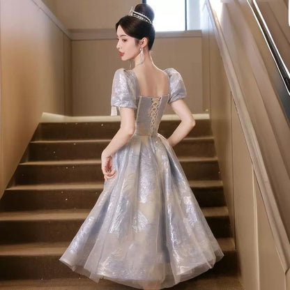 Puff-Sleeve Patterned Bow Midi A-Line Cocktail Dress