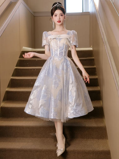 Puff-Sleeve Patterned Bow Midi A-Line Cocktail Dress