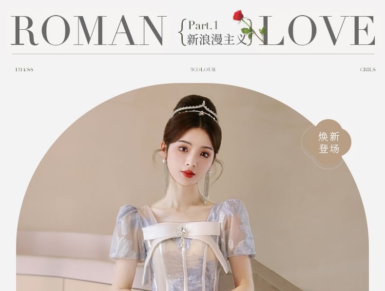 Puff-Sleeve Patterned Bow Midi A-Line Cocktail Dress