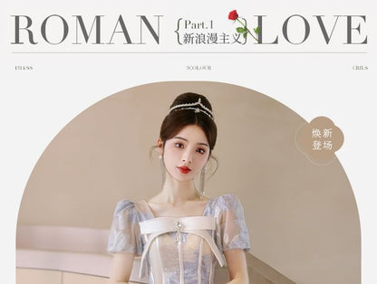 Puff-Sleeve Patterned Bow Midi A-Line Cocktail Dress