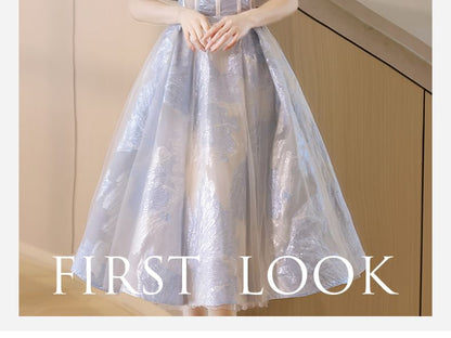 Puff-Sleeve Patterned Bow Midi A-Line Cocktail Dress