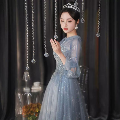 Puff-Sleeve Collar Sequin Glitter A-Line Evening Gown