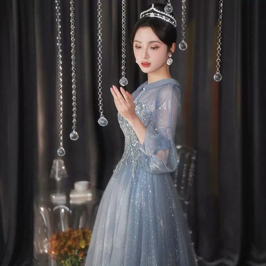 Puff-Sleeve Collar Sequin Glitter A-Line Evening Gown