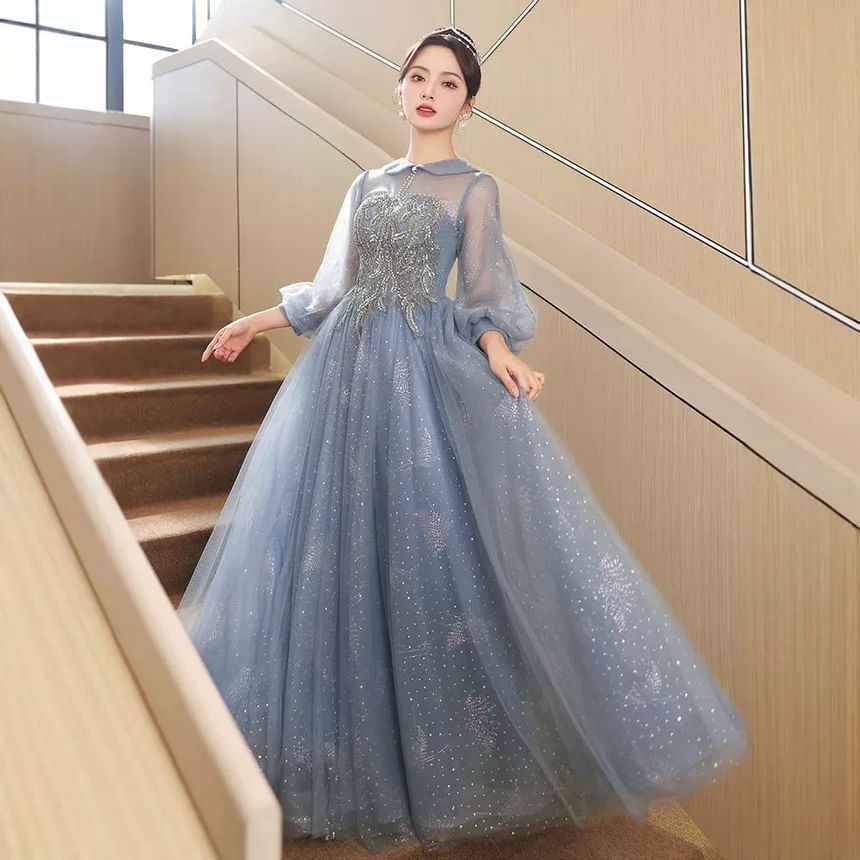 Puff-Sleeve Collar Sequin Glitter A-Line Evening Gown