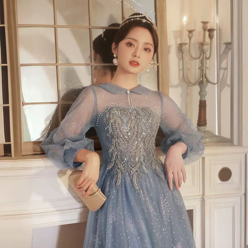 Puff-Sleeve Collar Sequin Glitter A-Line Evening Gown