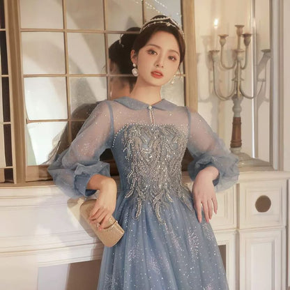 Puff-Sleeve Collar Sequin Glitter A-Line Evening Gown