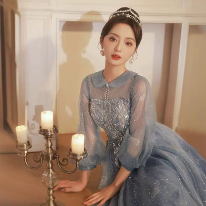 Puff-Sleeve Collar Sequin Glitter A-Line Evening Gown