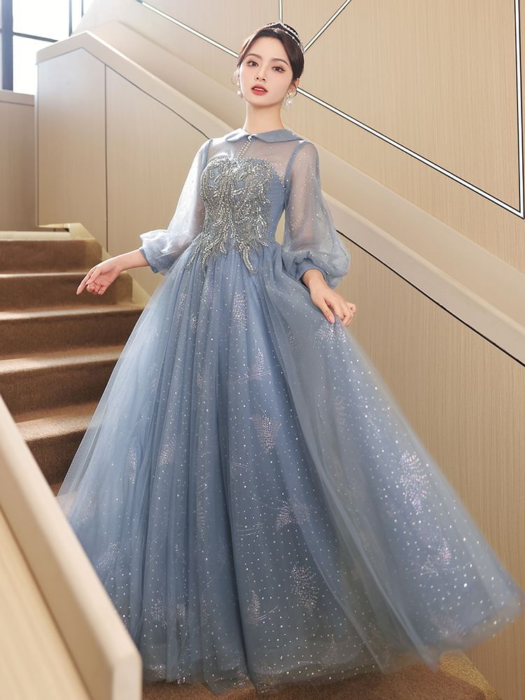 Puff-Sleeve Collar Sequin Glitter A-Line Evening Gown