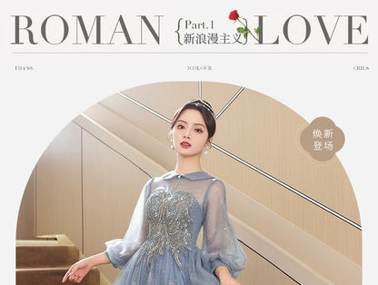 Puff-Sleeve Collar Sequin Glitter A-Line Evening Gown
