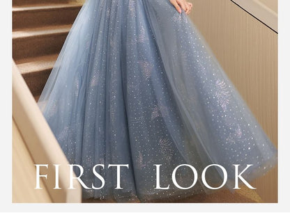 Puff-Sleeve Collar Sequin Glitter A-Line Evening Gown