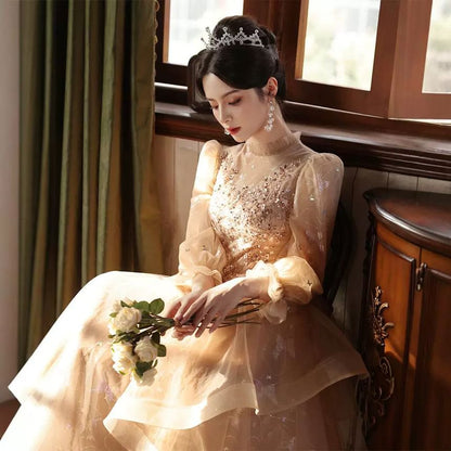 A-Line Evening Print Ruffle Butterfly Gown Sequin Puff-Sleeve