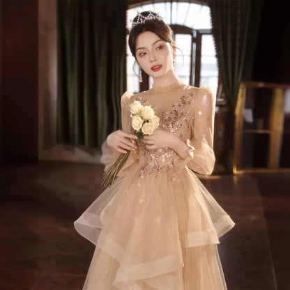 A-Line Evening Print Ruffle Butterfly Gown Sequin Puff-Sleeve